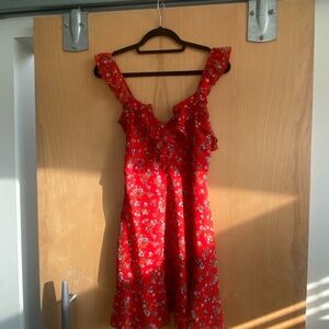 Lulus Spring Dream Red Floral Print Ruffled Skater Dress